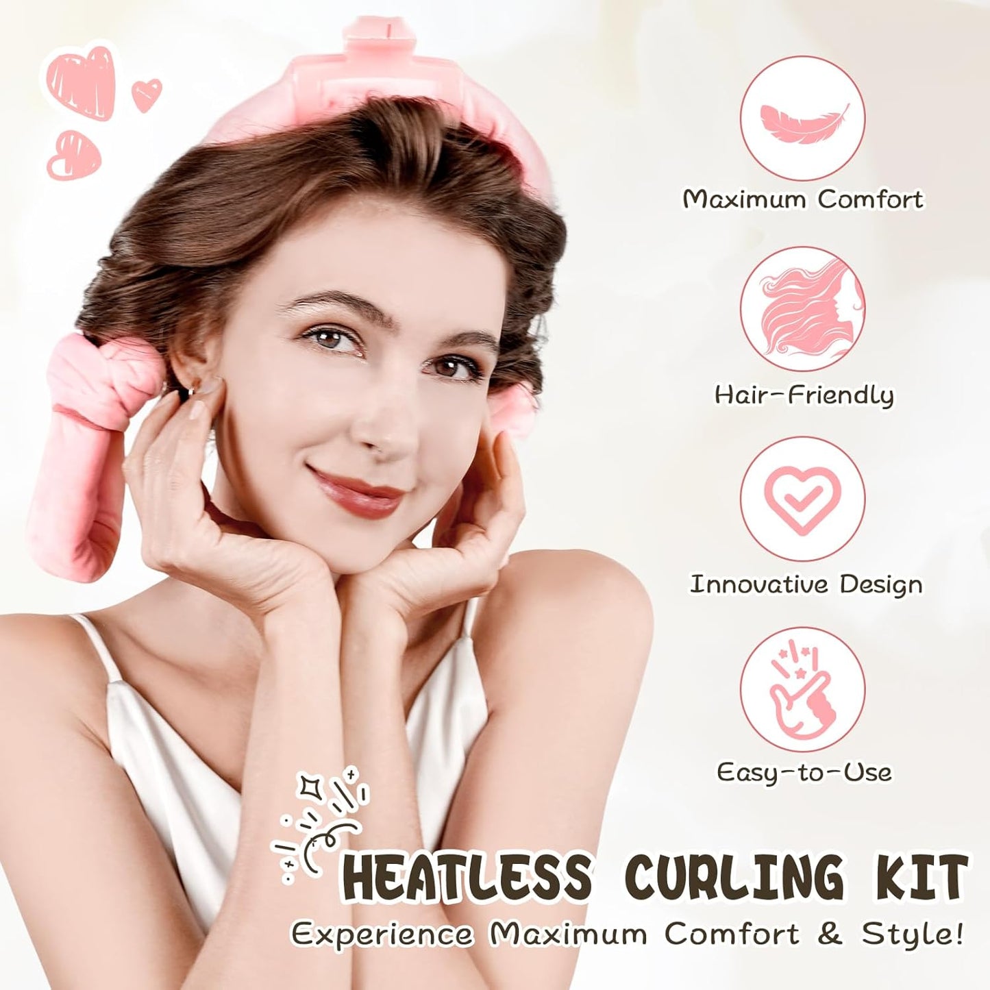 No Heat Curling Rod Headband for Overnight Curls - Velour Curling Ribbon Kit with Hair Clips and Scrunchie for Long Hair, Natural Soft Wave DIY Hair Rollers (Pink)