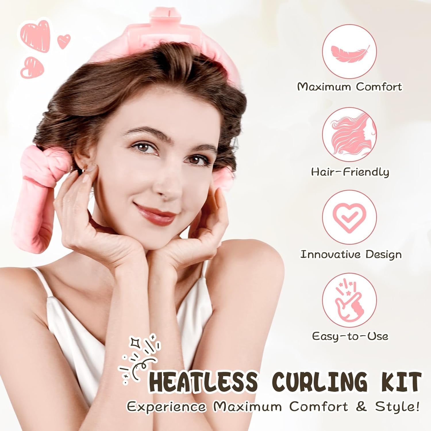 No Heat Curling Rod Headband for Overnight Curls - Velour Curling Ribbon Kit with Hair Clips and Scrunchie for Long Hair, Natural Soft Wave DIY Hair Rollers (Pink)