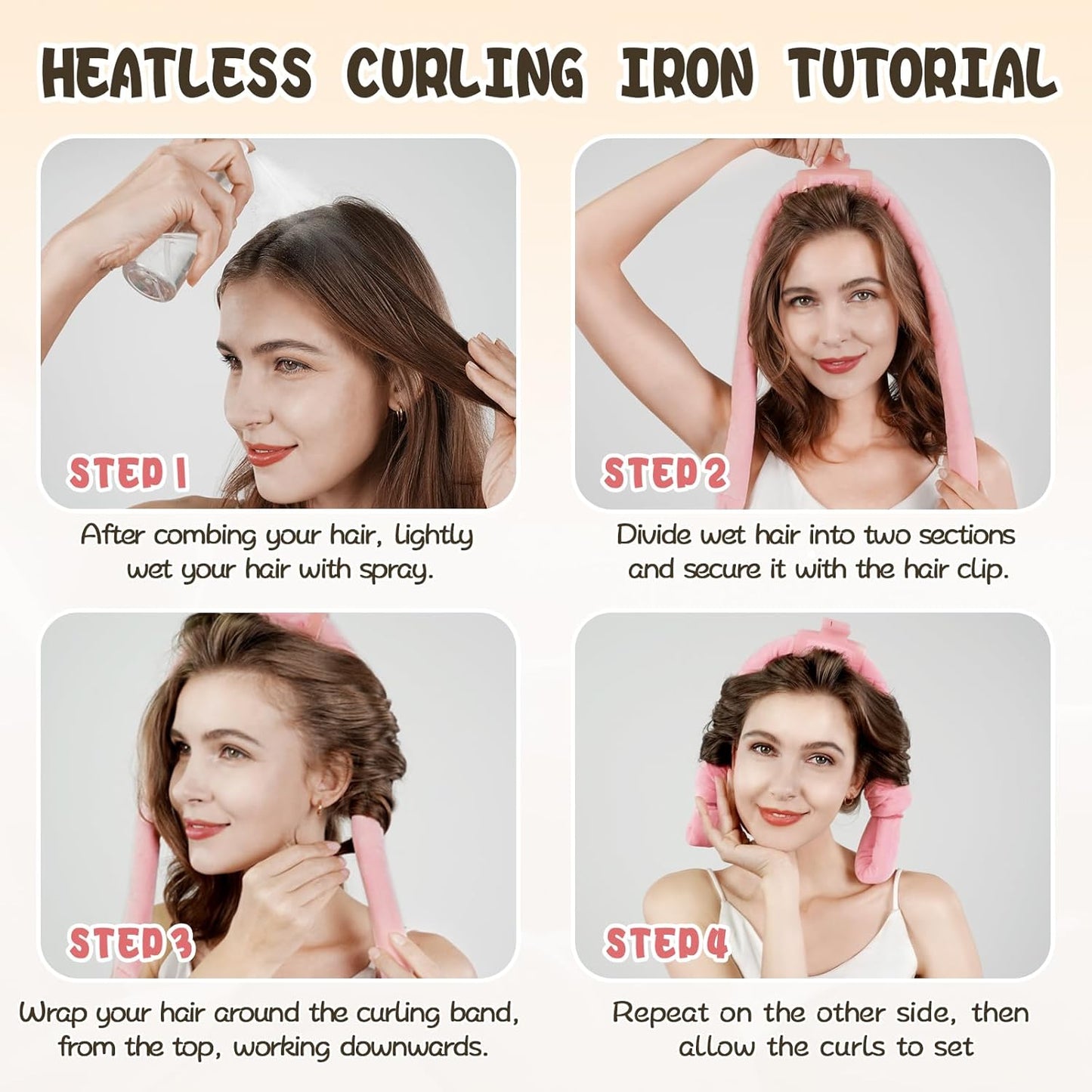 No Heat Curling Rod Headband for Overnight Curls - Velour Curling Ribbon Kit with Hair Clips and Scrunchie for Long Hair, Natural Soft Wave DIY Hair Rollers (Pink)