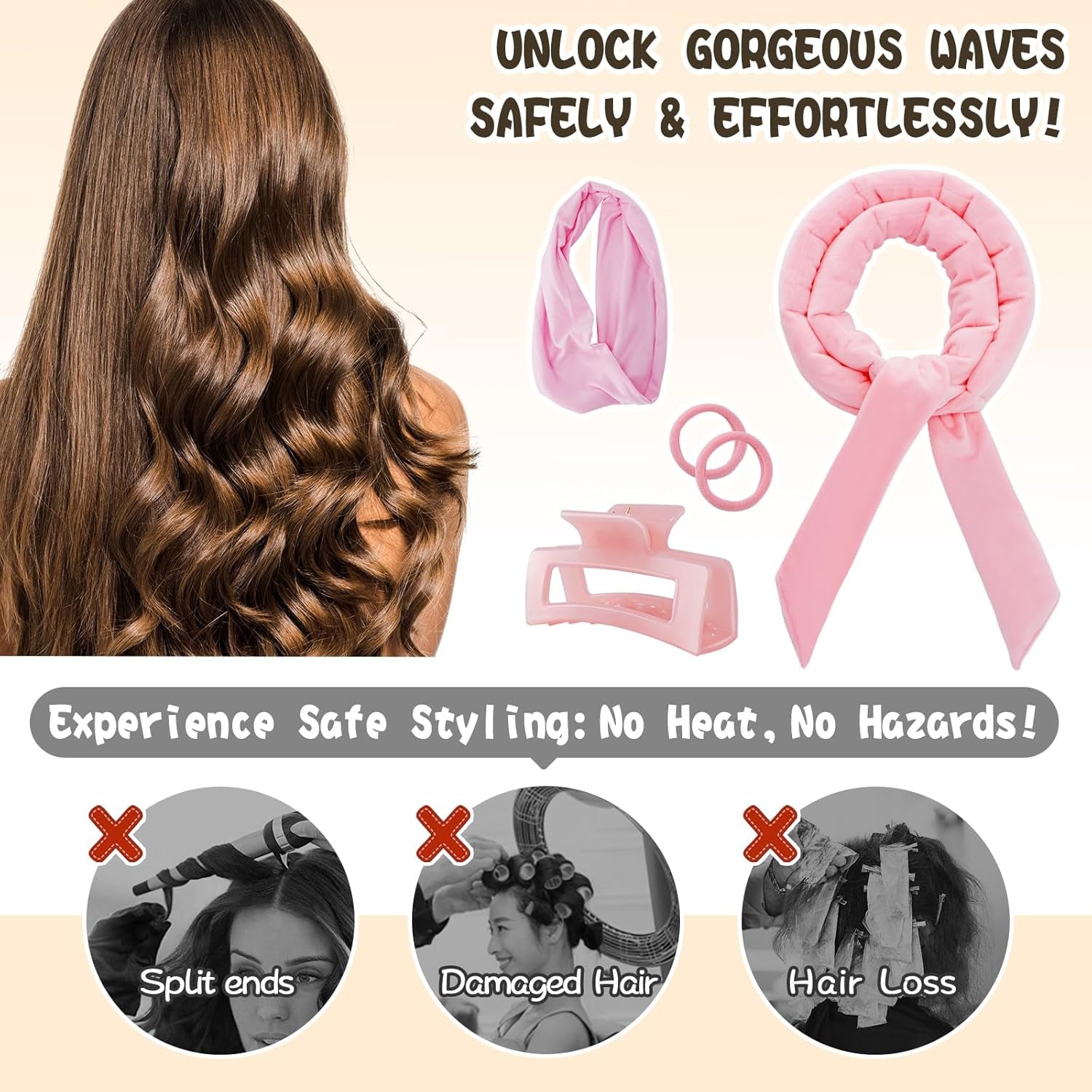 No Heat Curling Rod Headband for Overnight Curls - Velour Curling Ribbon Kit with Hair Clips and Scrunchie for Long Hair, Natural Soft Wave DIY Hair Rollers (Pink)