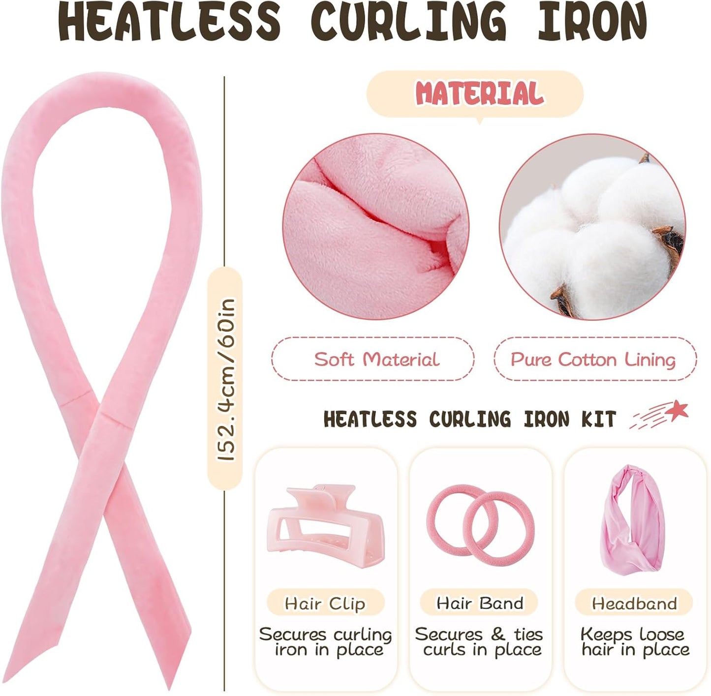 No Heat Curling Rod Headband for Overnight Curls - Velour Curling Ribbon Kit with Hair Clips and Scrunchie for Long Hair, Natural Soft Wave DIY Hair Rollers (Pink)