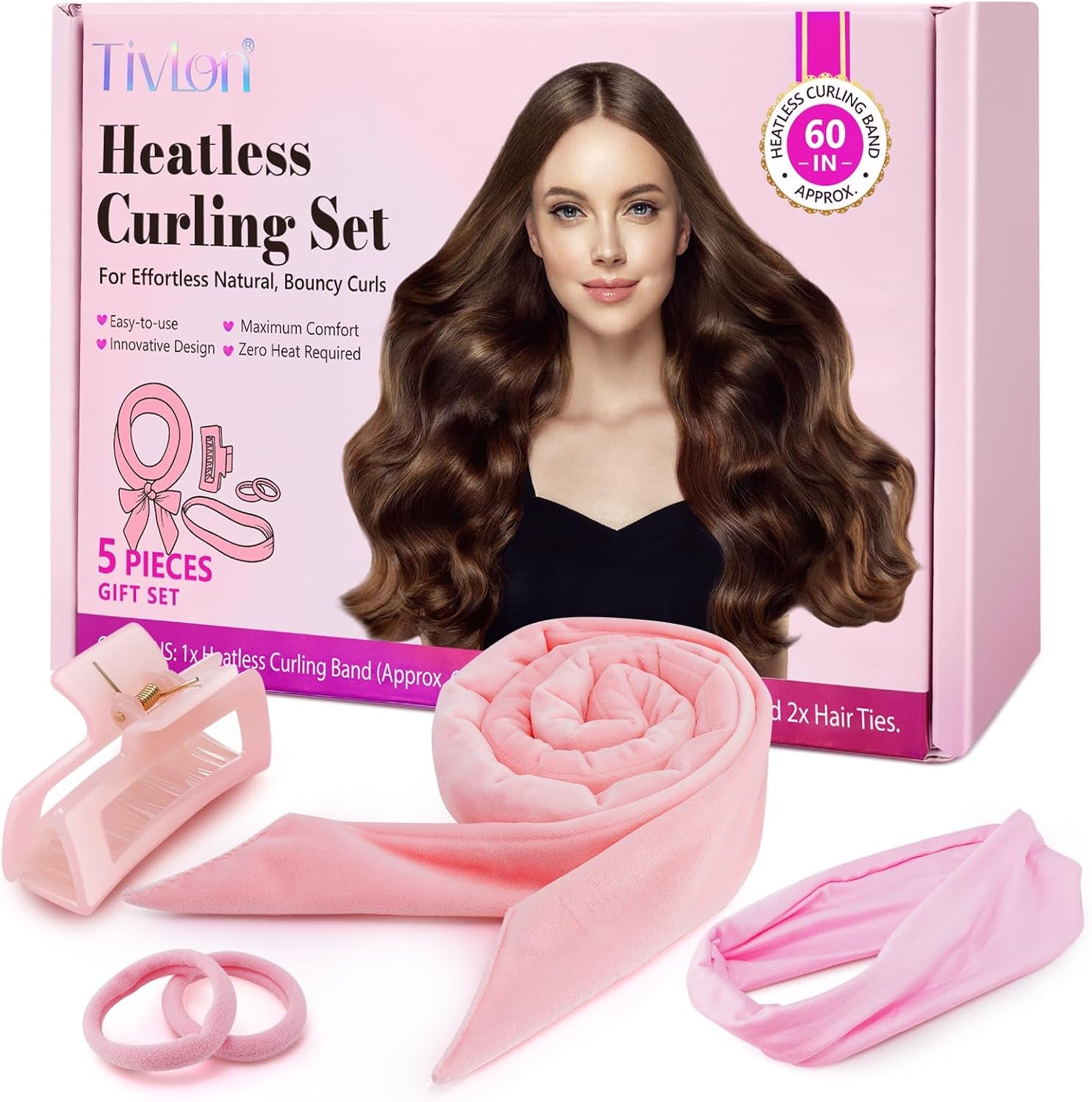 No Heat Curling Rod Headband for Overnight Curls - Velour Curling Ribbon Kit with Hair Clips and Scrunchie for Long Hair, Natural Soft Wave DIY Hair Rollers (Pink)